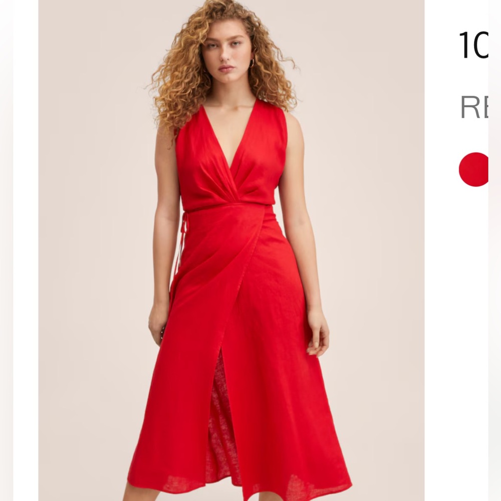 Mango Vibrant Red Wrap Dress- 100% LINEN
